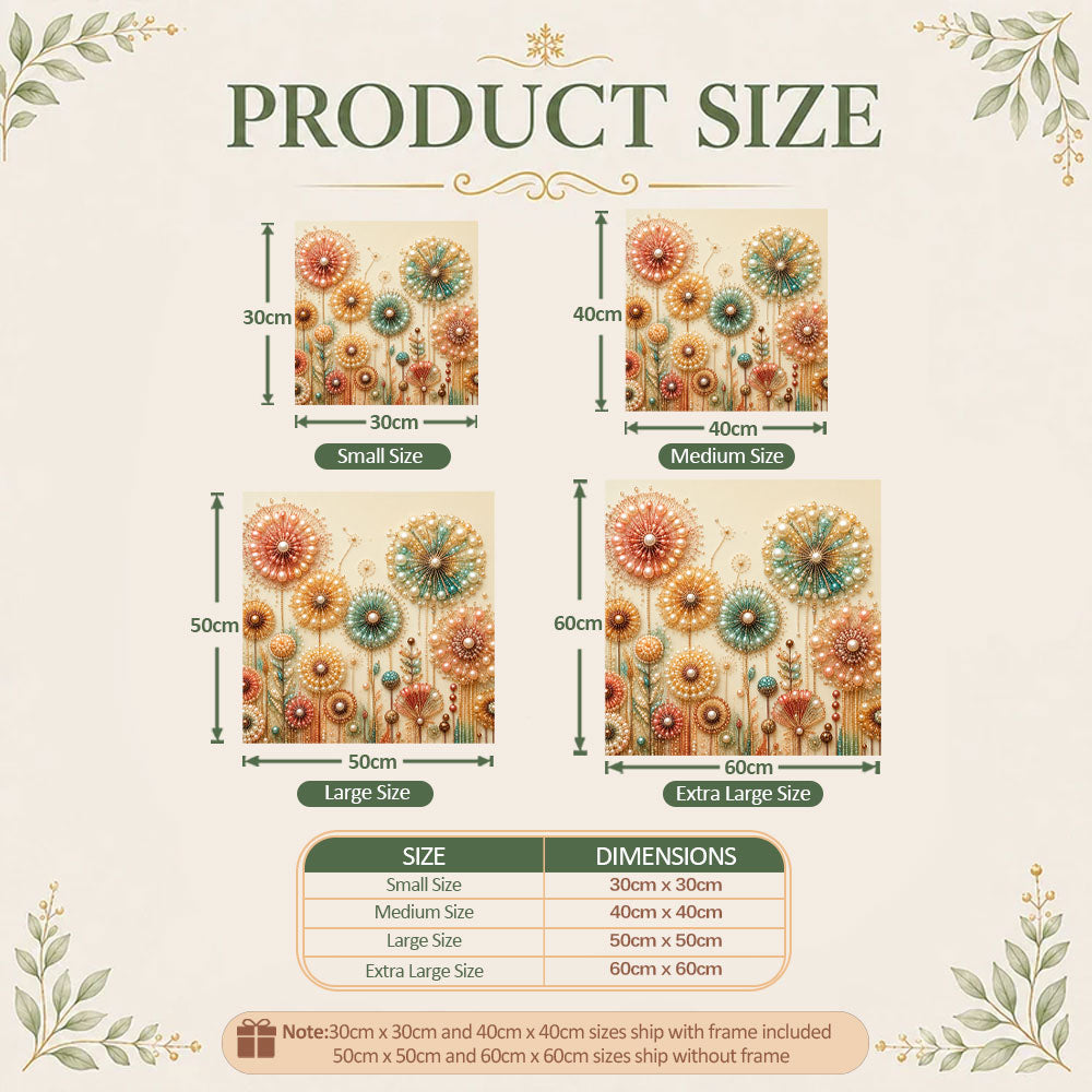 Pearl diamond painting kit size guide showing four square sizes