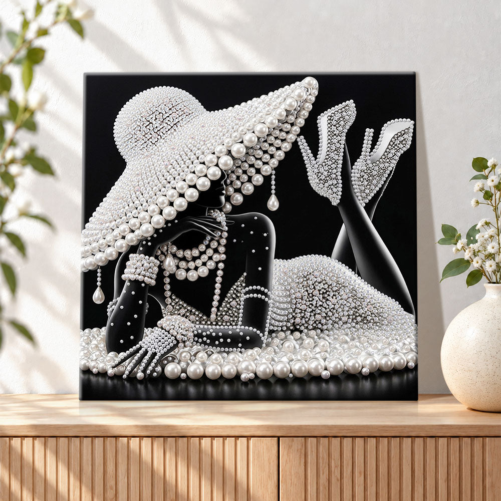Finished pearl glamour lady pearl diamond painting artwork displayed as holiday home decor