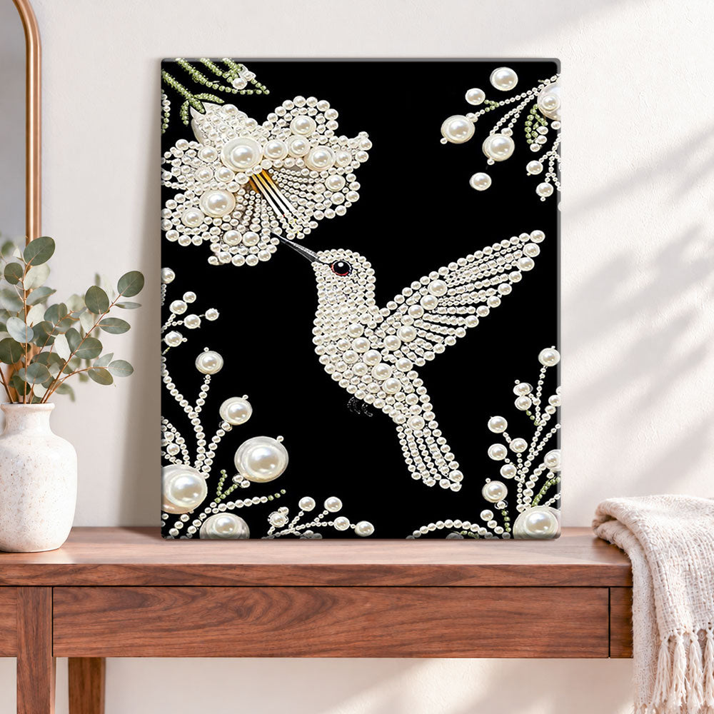 Finished pearl hummingbird pearl diamond painting artwork displayed as home decor