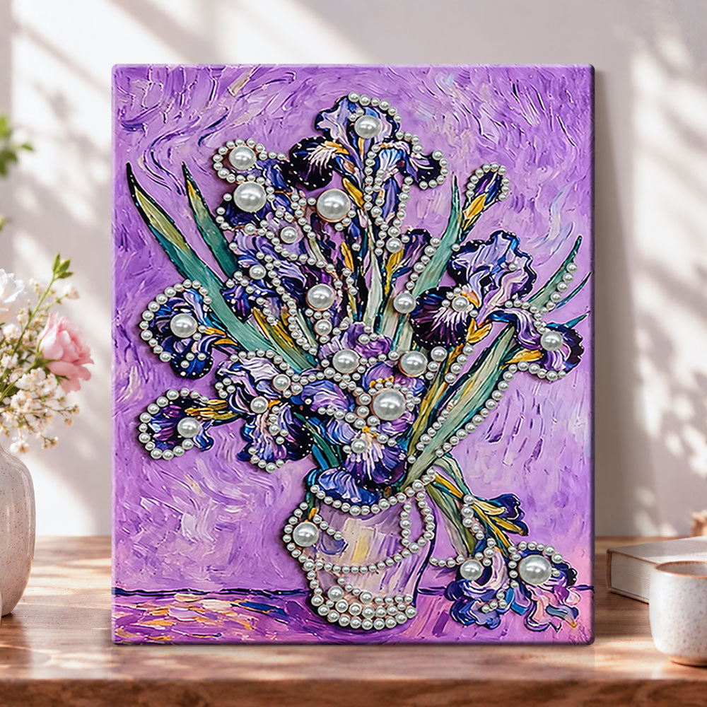 Pearl irises in purple vase pearl diamond painting kit for beginners
