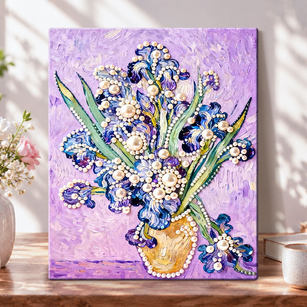 Pearl irises in vase pearl diamond painting kit for beginners