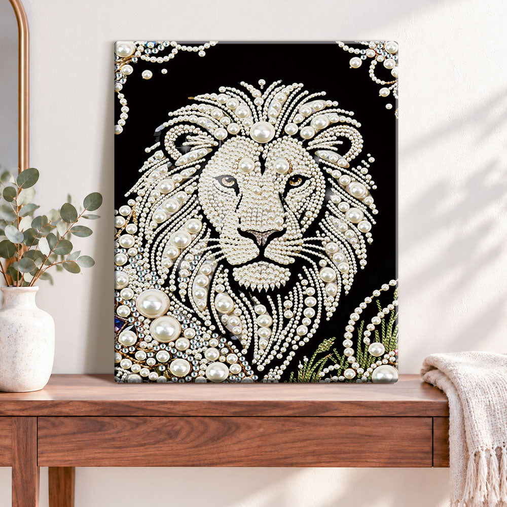 Finished pearl lion portrait pearl diamond painting artwork displayed as home decor