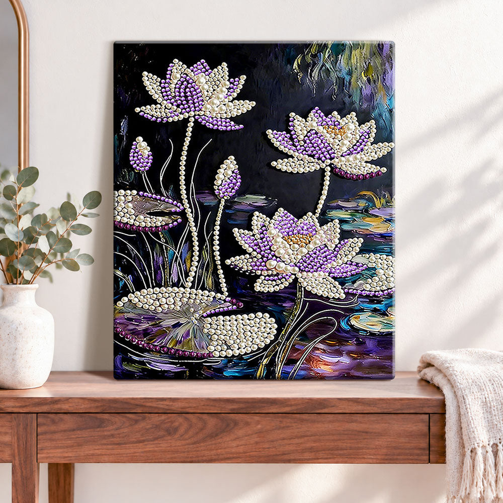 Finished pearl lotus pond pearl diamond painting artwork displayed as home decor