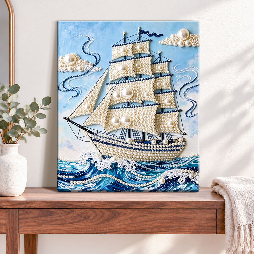 Finished pearl sailing ship on waves pearl diamond painting artwork displayed as home decor