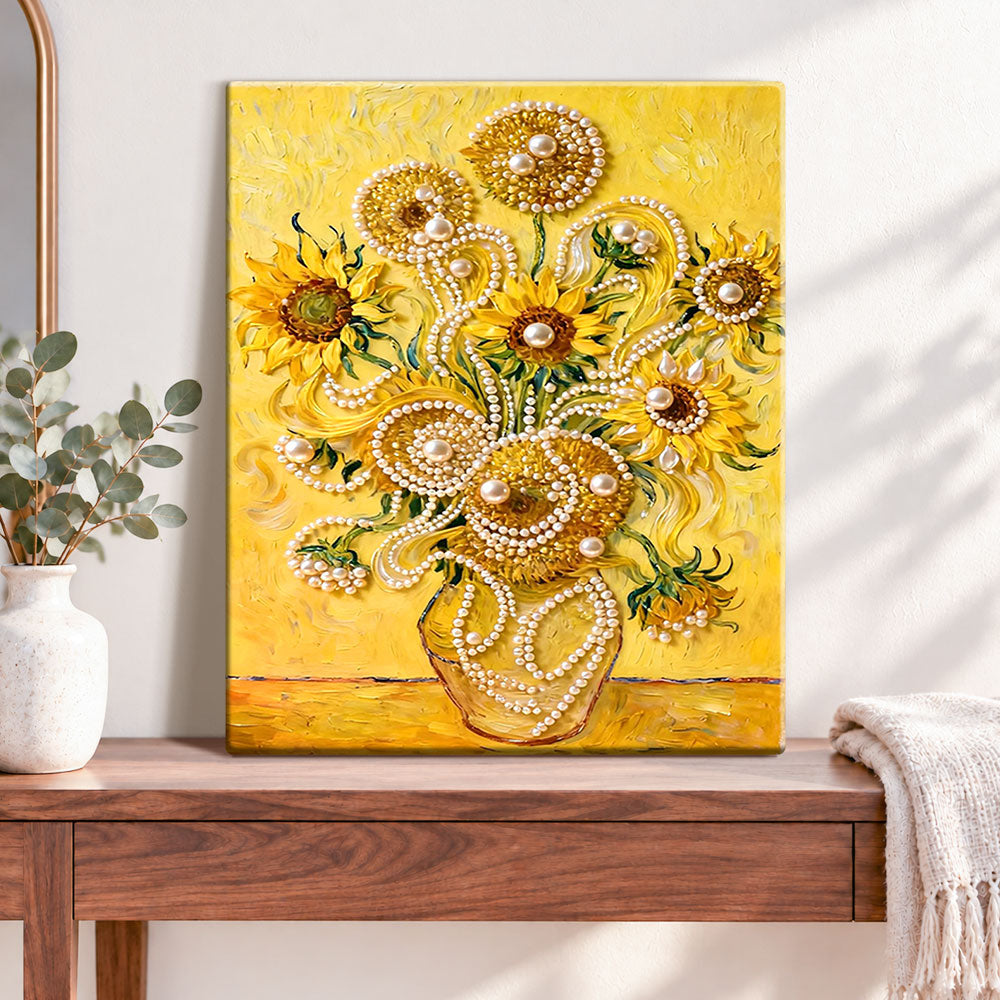 Finished pearl sunflower vase pearl diamond painting artwork displayed as home decor