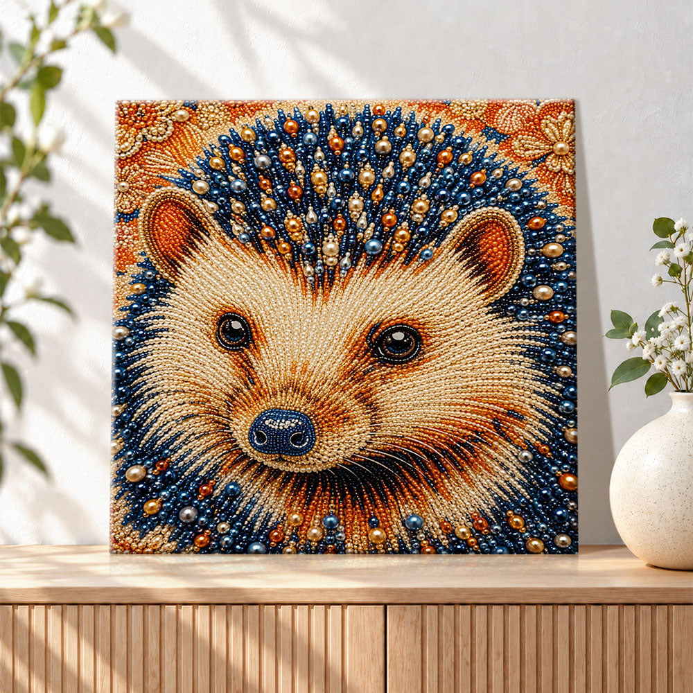 Finished pearl textured hedgehog portrait pearl diamond painting artwork displayed as holiday home decor