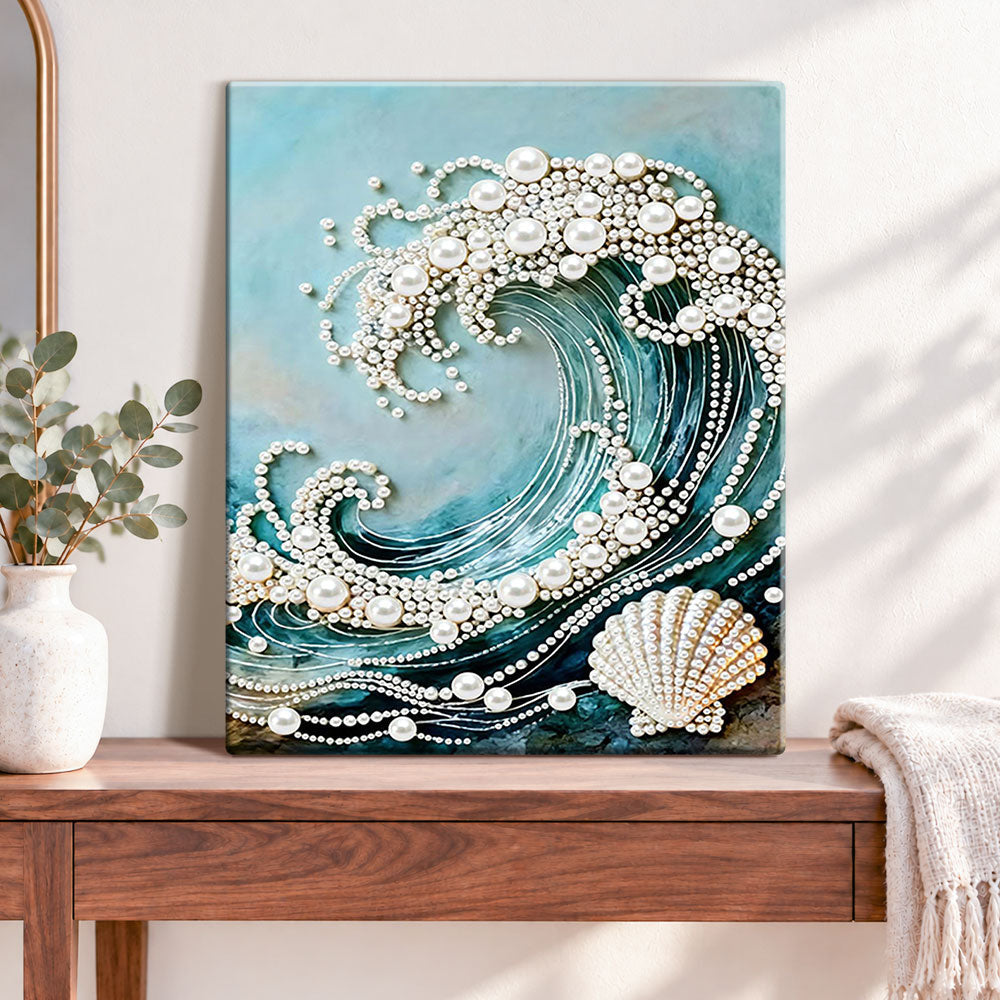 Finished pearl wave and shell pearl diamond painting artwork displayed as home decor