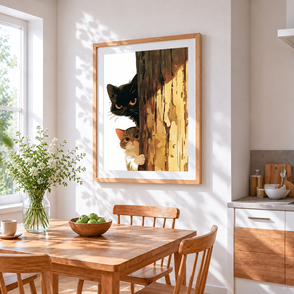 Peekaboo cats behind tree cross stitch artwork displayed on wall as home decor