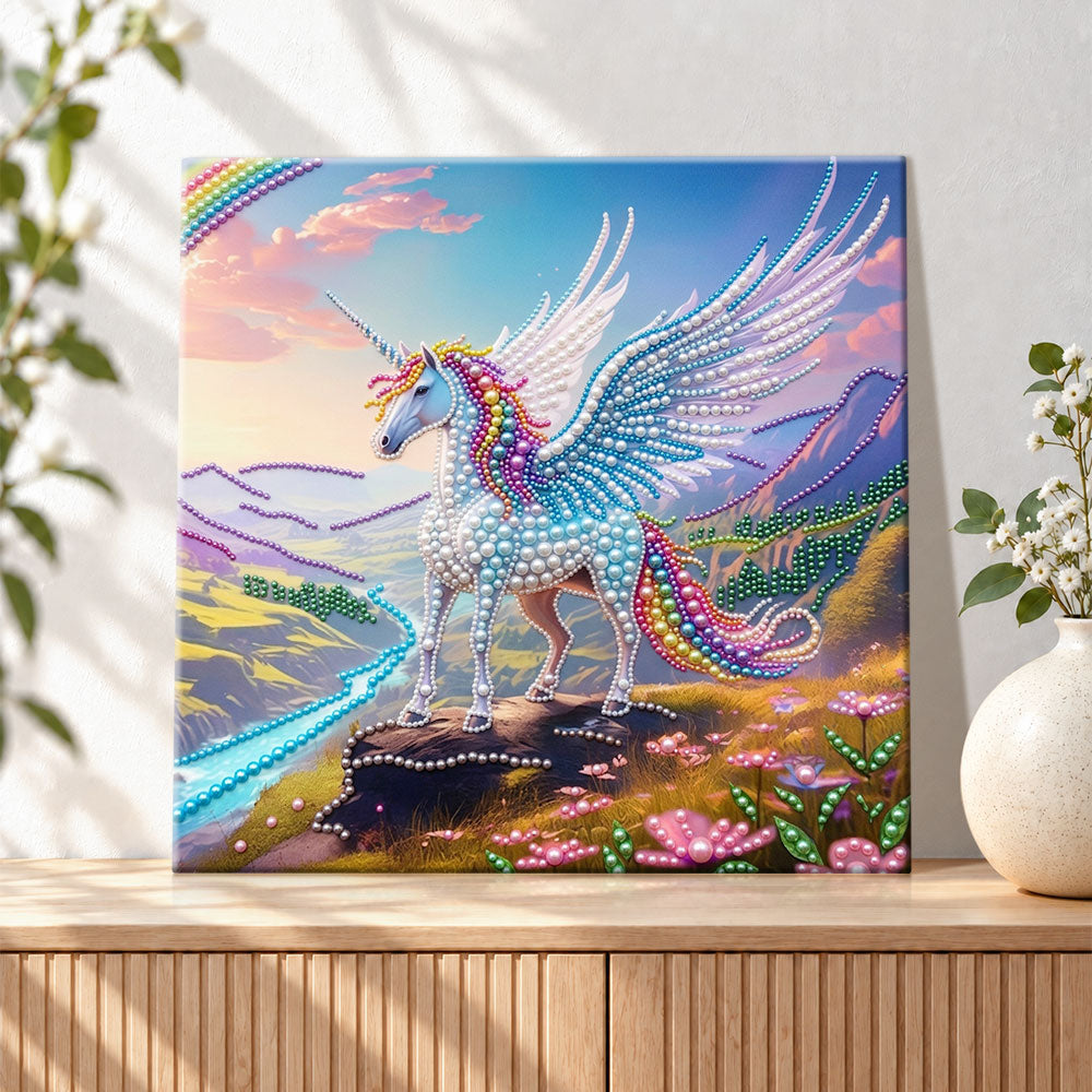Finished pegasus standing on mountain cliff pearl diamond painting artwork displayed as holiday home decor
