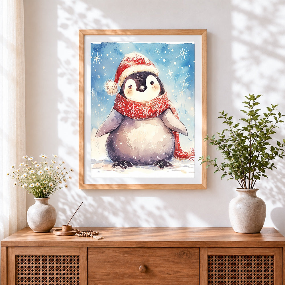 Finished penguin in santa hat and scarf cross stitch artwork displayed