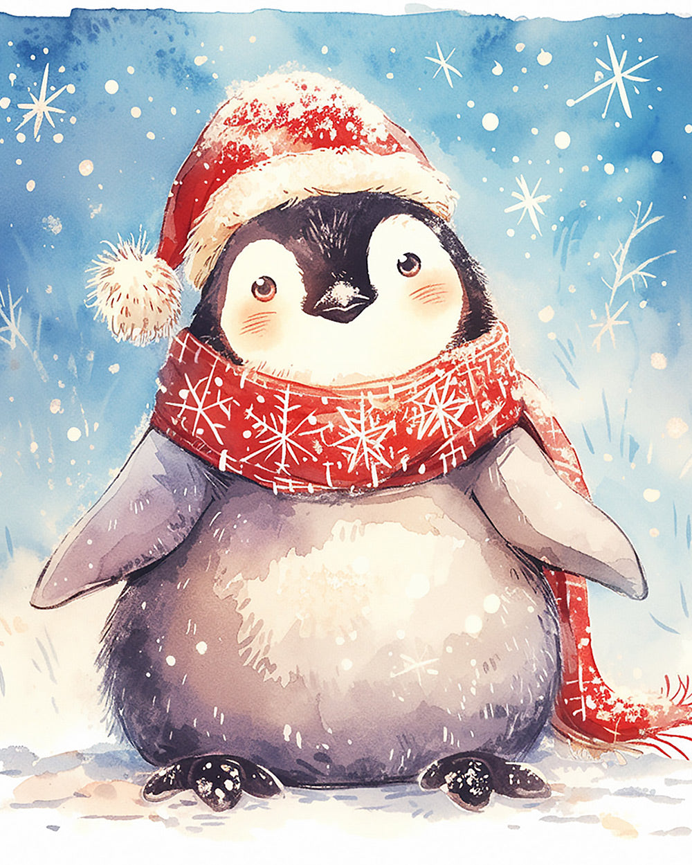 Penguin in santa hat and scarf cross stitch kit for beginners