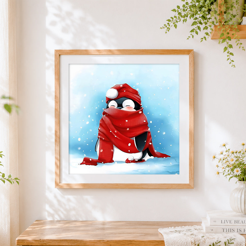 Finished penguin with red scarf in snow cross stitch artwork displayed