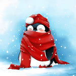 Penguin with red scarf in snow cross stitch kit for beginners