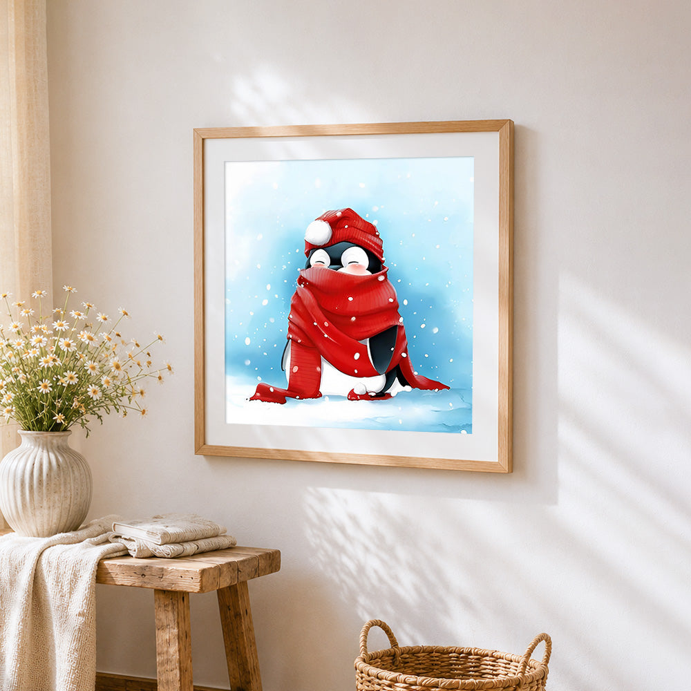 Penguin with red scarf in snow cross stitch artwork displayed on wall as home decor