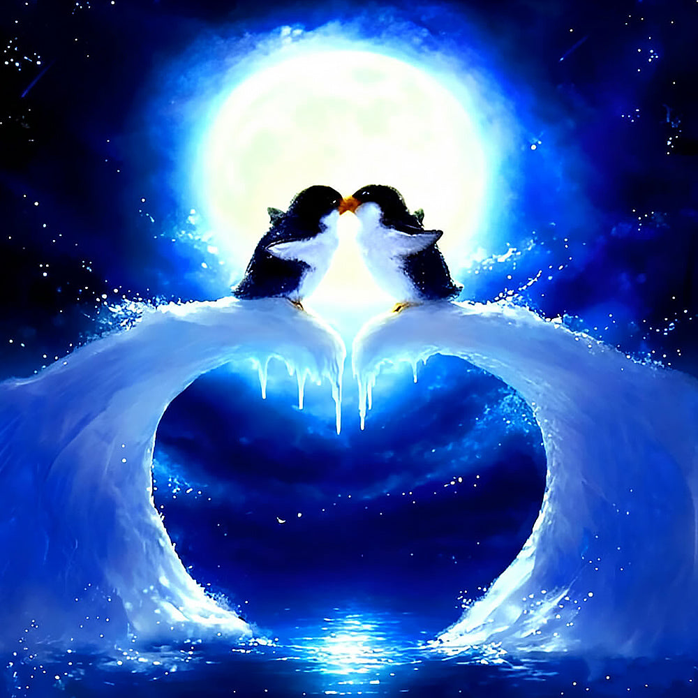 Penguins kissing under the moon cross stitch kit for beginners