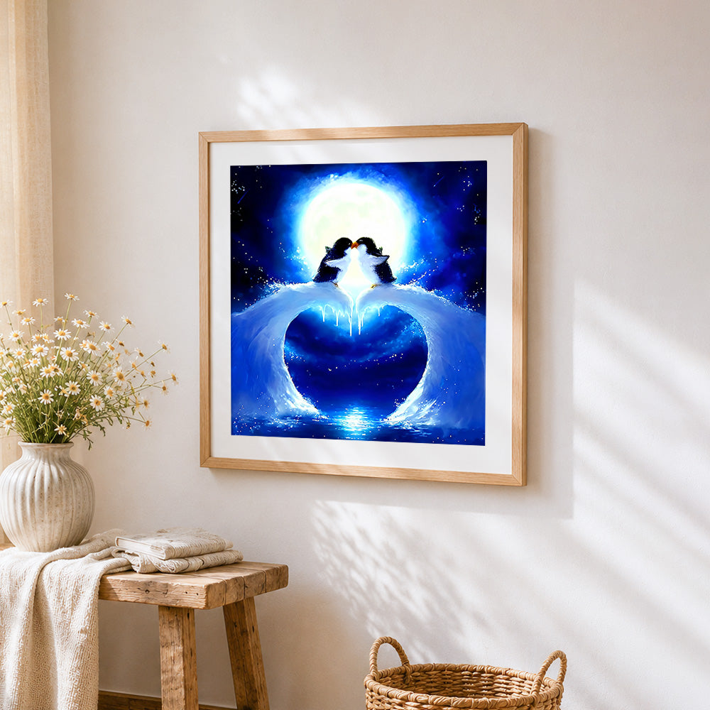 Penguins kissing under the moon cross stitch artwork displayed on wall as home decor