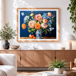 Finished peonies in a blue and white oriental vase paint by numbers artwork displayed as home decor
