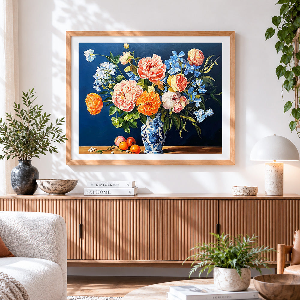 Finished peonies in a blue and white oriental vase paint by numbers artwork displayed as home decor