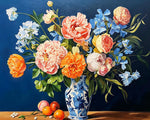 Peonies in a blue and white oriental vase paint by numbers kit for beginners