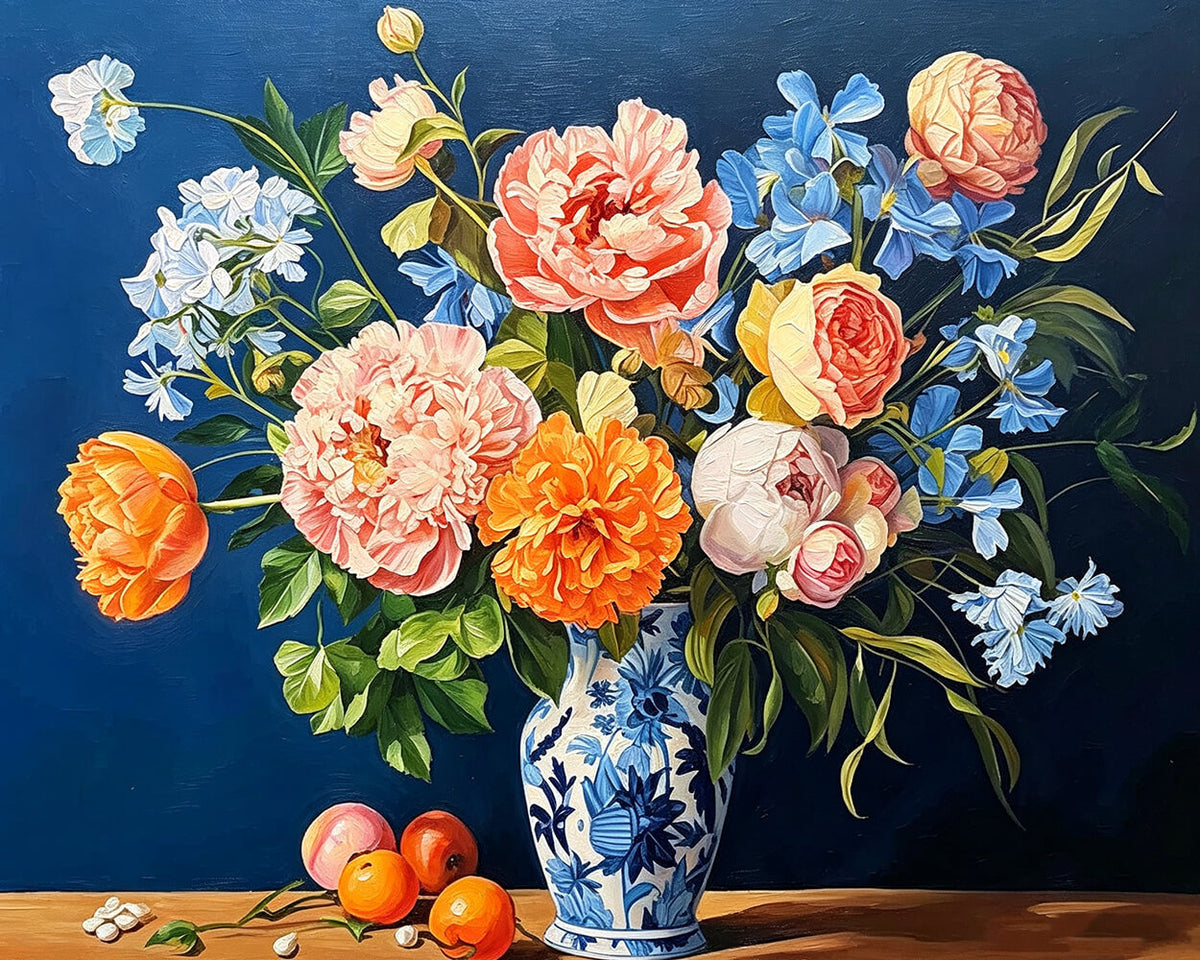Peonies in a blue and white oriental vase paint by numbers kit for beginners