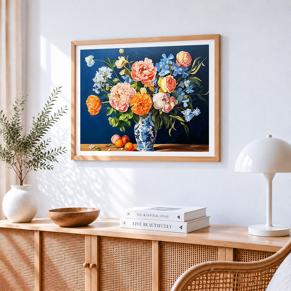 Peonies in a blue and white oriental vase paint by numbers artwork displayed on wall as home decor