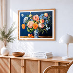 Peonies in a blue and white oriental vase paint by numbers artwork displayed on wall as home decor