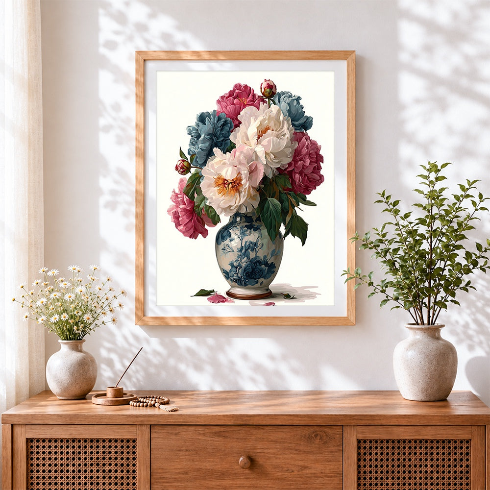 Finished peonies in a blue and white vase cross stitch artwork displayed