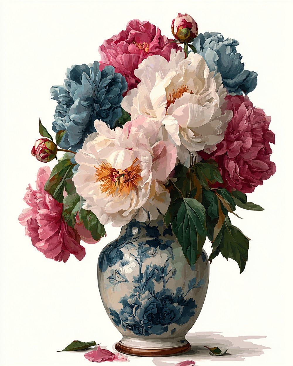 Peonies in a blue and white vase cross stitch kit for beginners