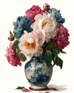 Peonies in a blue and white vase cross stitch kit for beginners