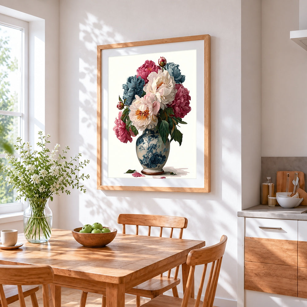 Peonies in a blue and white vase cross stitch artwork displayed on wall as home decor