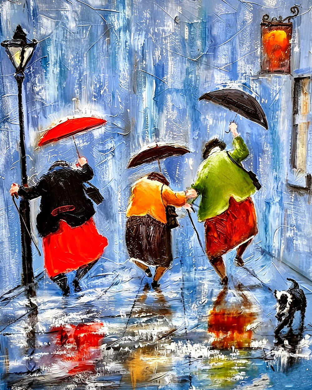 People with umbrellas in the rain cross stitch kit for beginners