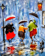 People with umbrellas in the rain cross stitch kit for beginners