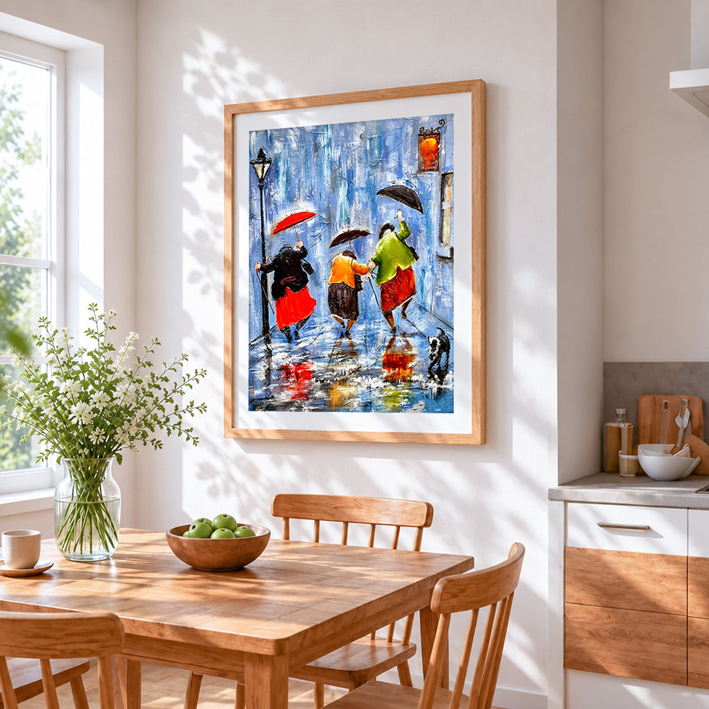 People with umbrellas in the rain cross stitch artwork displayed on wall as home decor