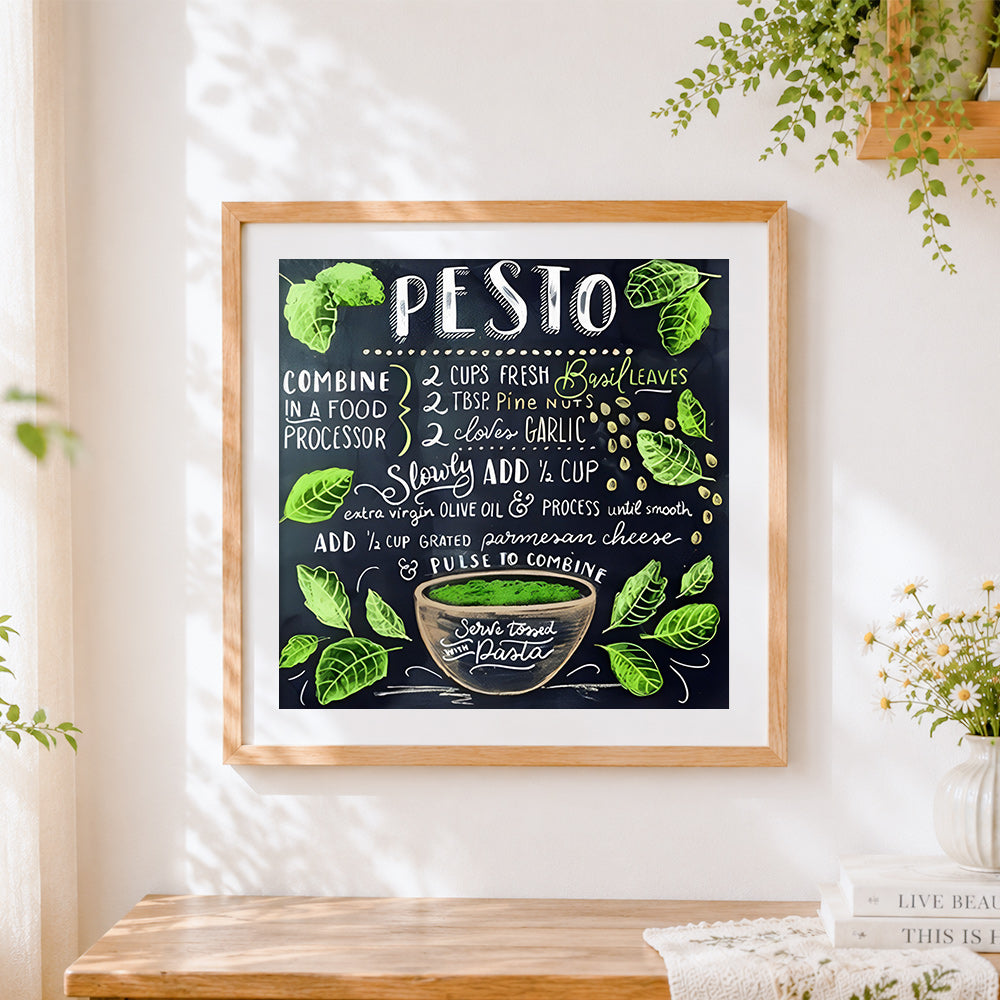 Finished pesto pasta recipe chalkboard print cross stitch artwork displayed