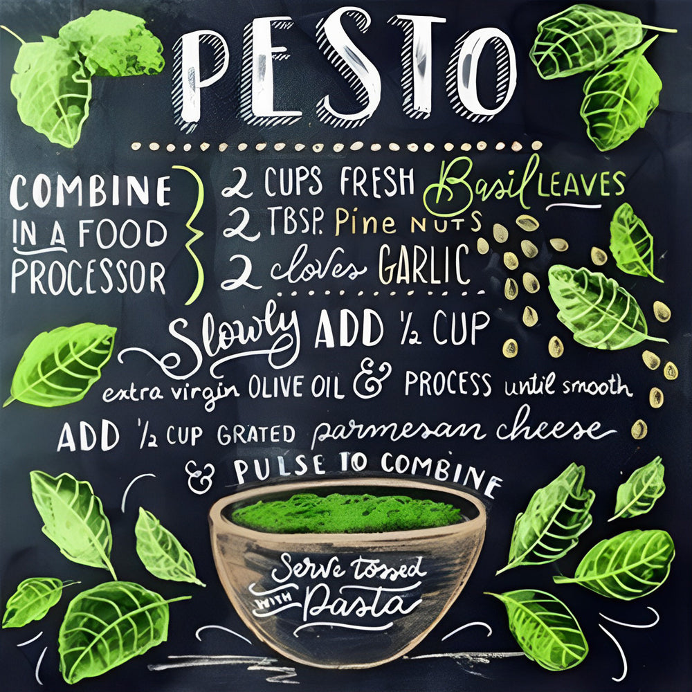 Pesto pasta recipe chalkboard print cross stitch kit for beginners