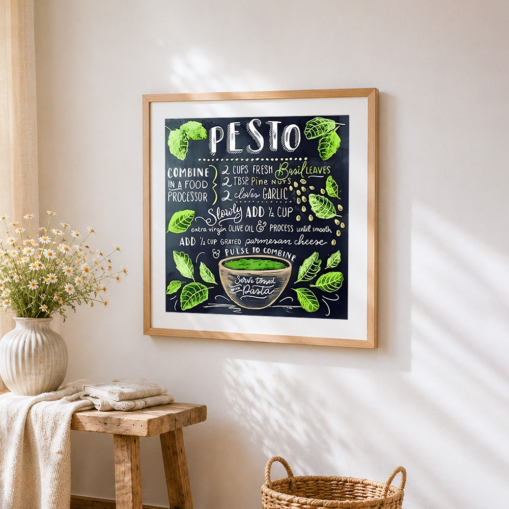 Pesto pasta recipe chalkboard print cross stitch artwork displayed on wall as home decor
