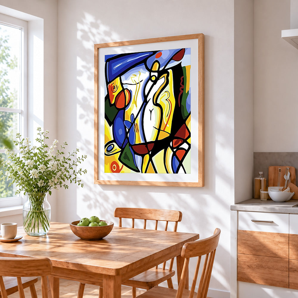 Picasso style abstract figure paint by numbers artwork displayed on wall as home decor