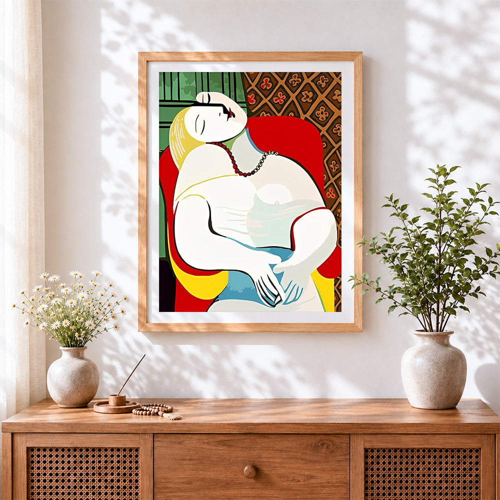 Finished picasso style abstract nude cross stitch artwork displayed