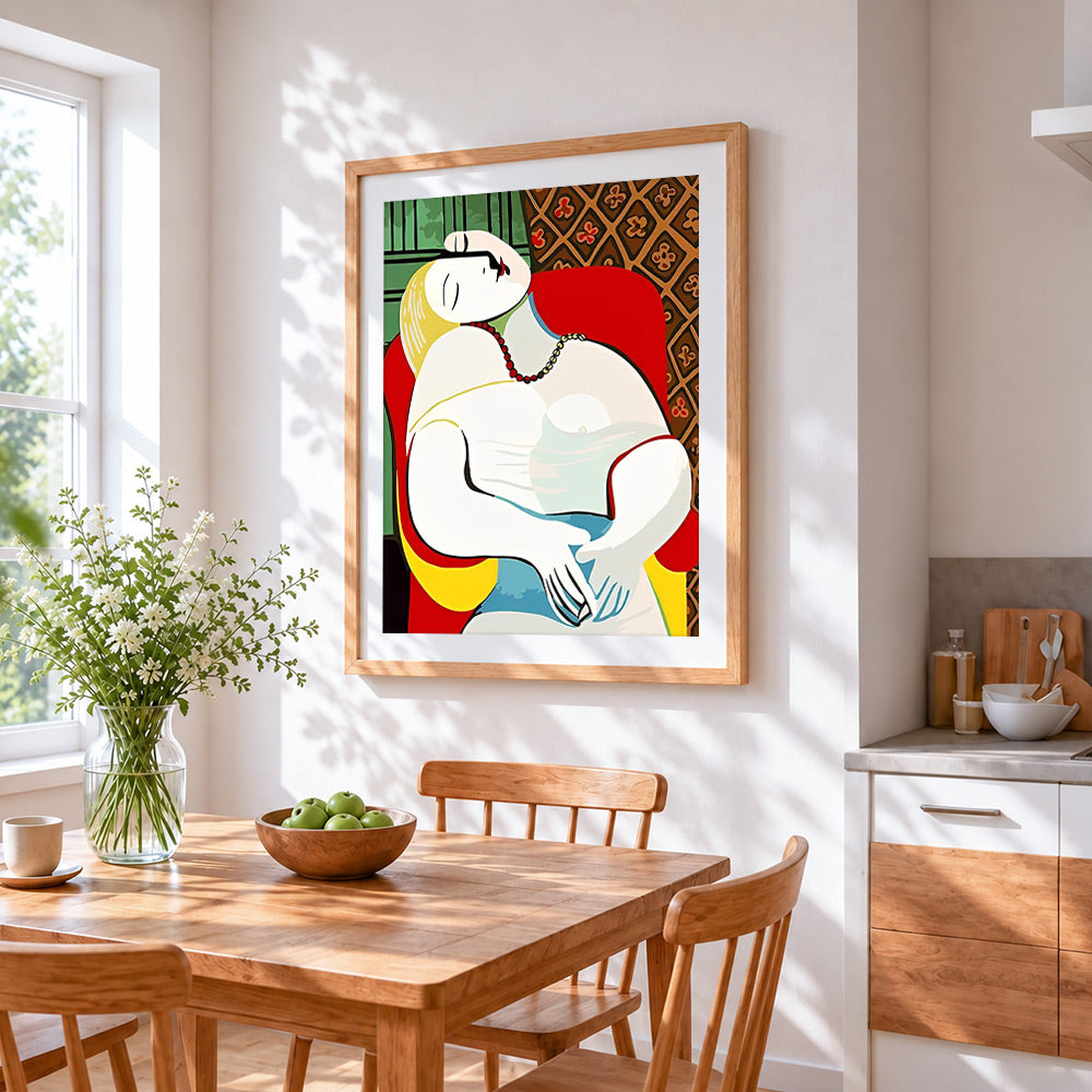 Picasso style abstract nude cross stitch artwork displayed on wall as home decor
