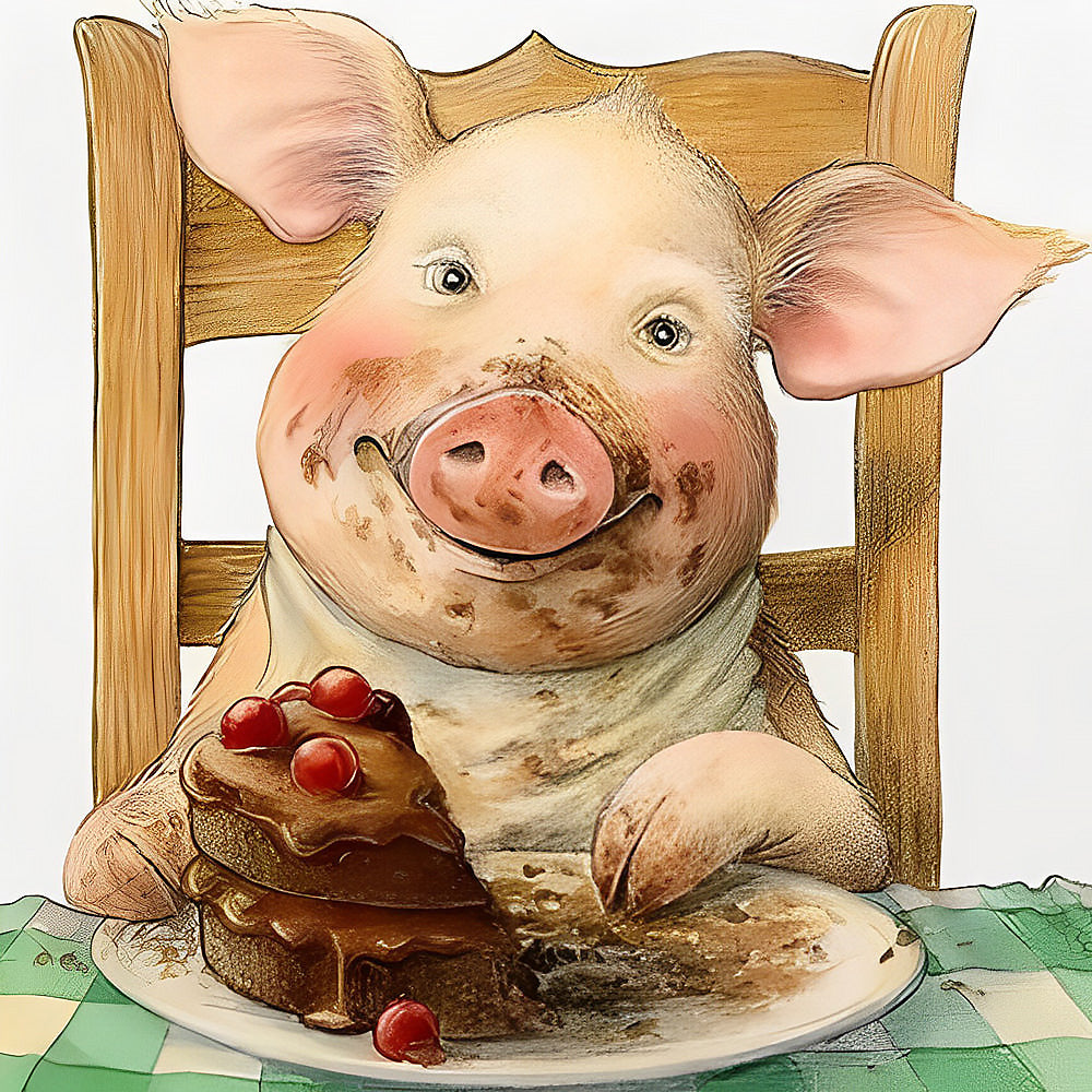 Pig eating chocolate cake cross stitch kit for beginners