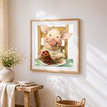 Pig eating chocolate cake cross stitch artwork displayed on wall as home decor