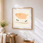 Pig on roller skates cross stitch artwork displayed on wall as home decor