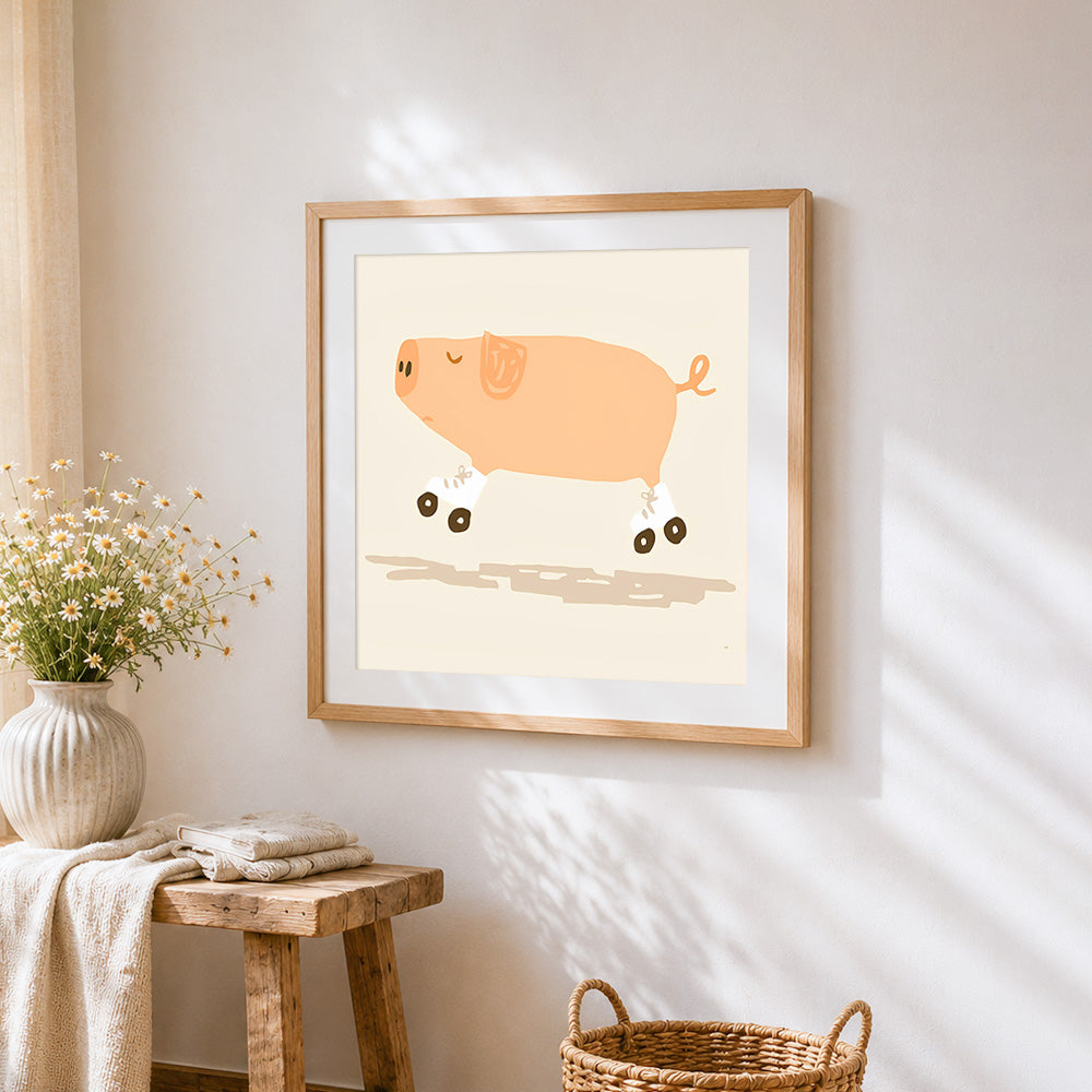 Pig on roller skates cross stitch artwork displayed on wall as home decor