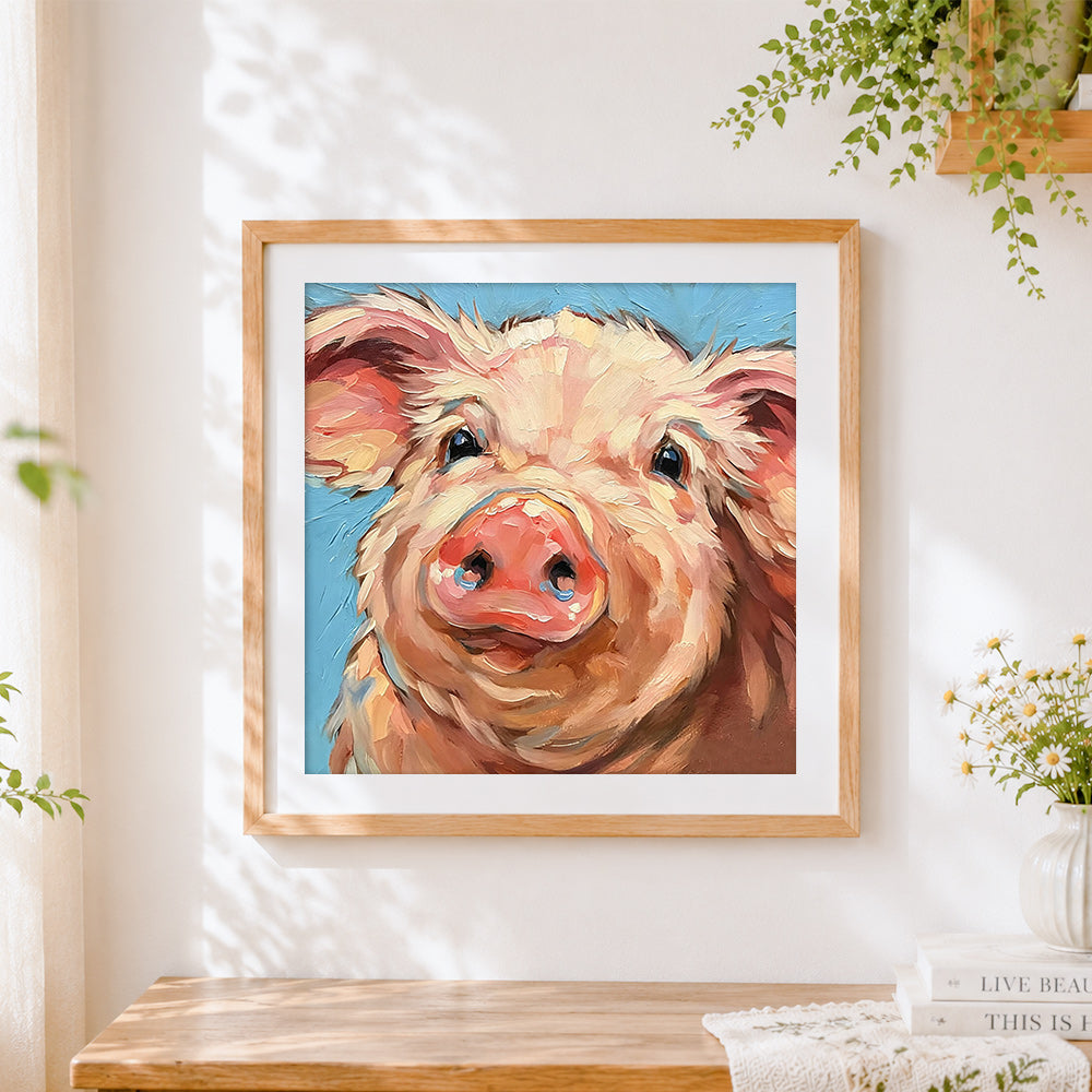 Finished pig portrait cross stitch artwork displayed
