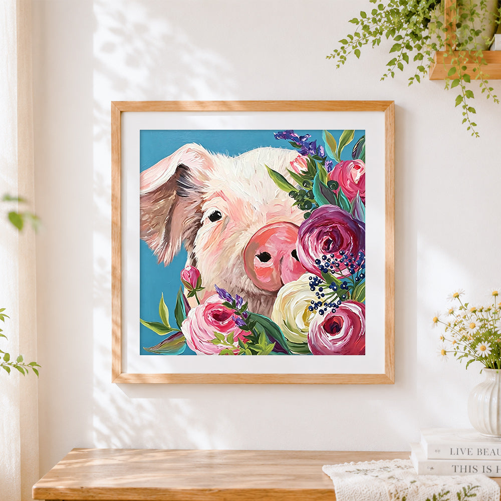 Finished pig with flowers cross stitch artwork displayed