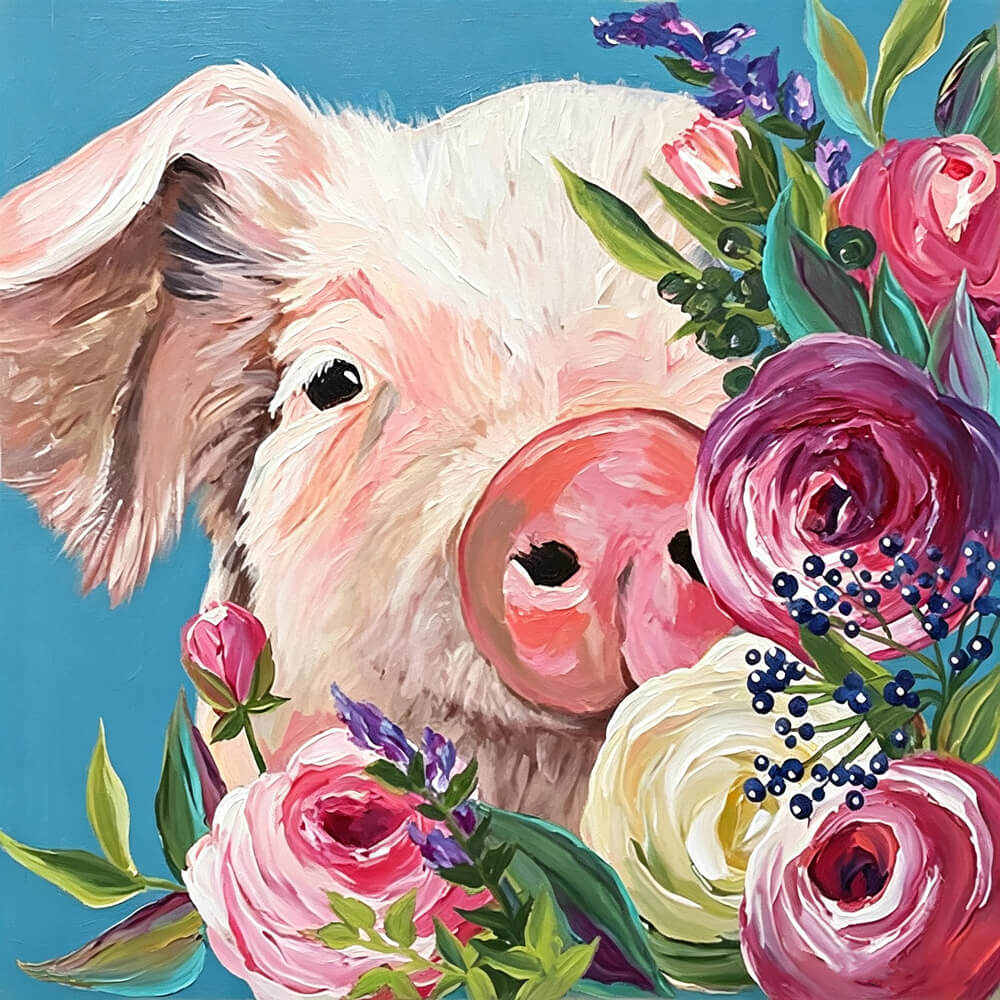 Pig with flowers cross stitch kit for beginners