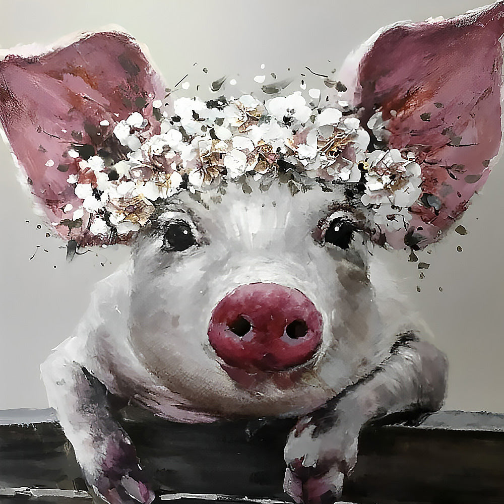 Pig with white floral crown cross stitch kit for beginners