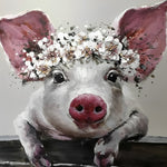 Pig with white floral crown cross stitch kit for beginners