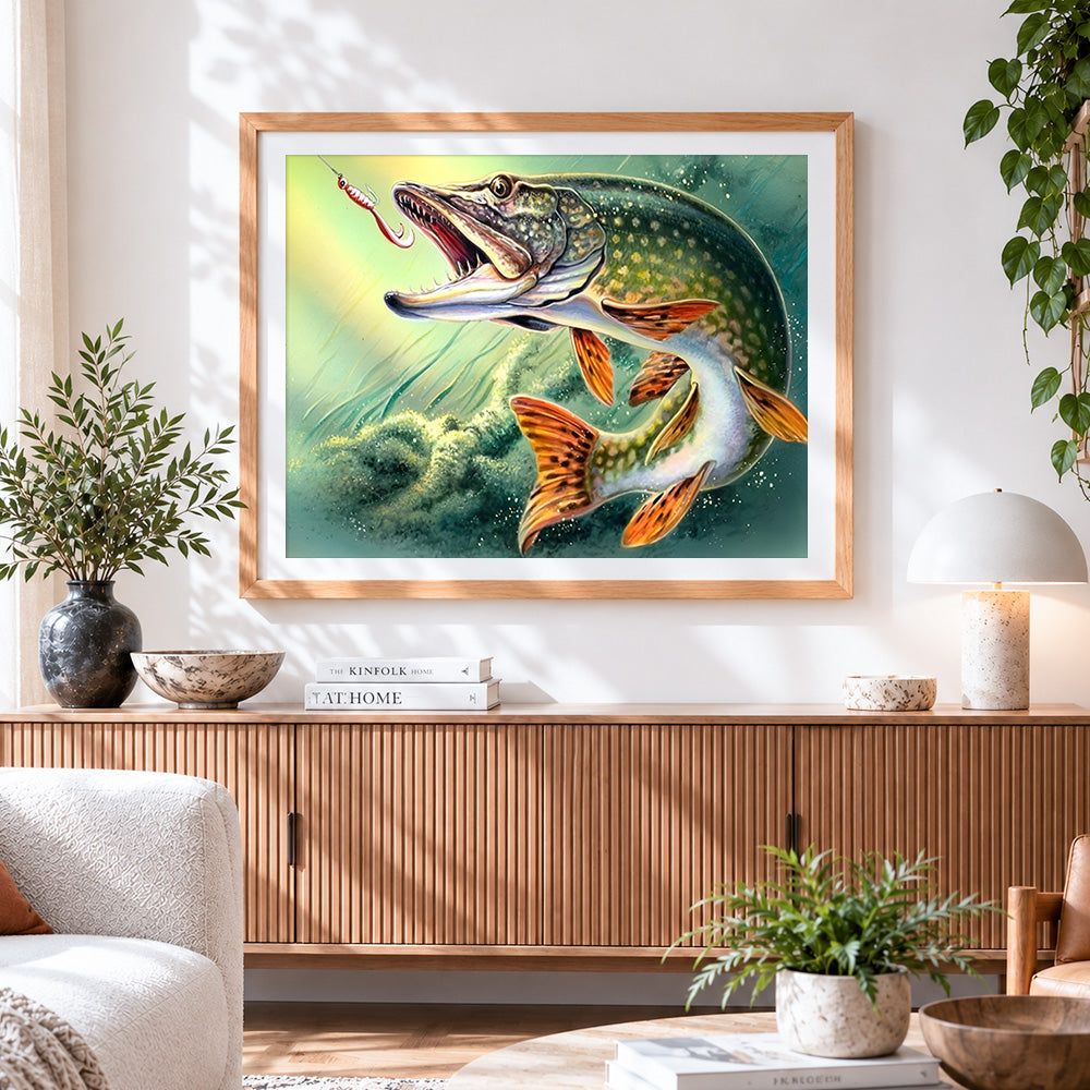 Finished pike fish with lure cross stitch artwork displayed