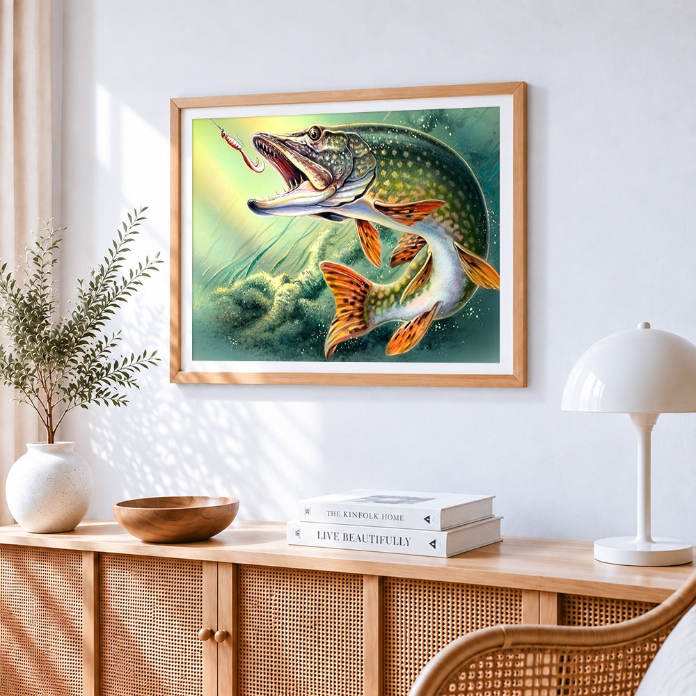 Pike fish with lure cross stitch artwork displayed on wall as home decor